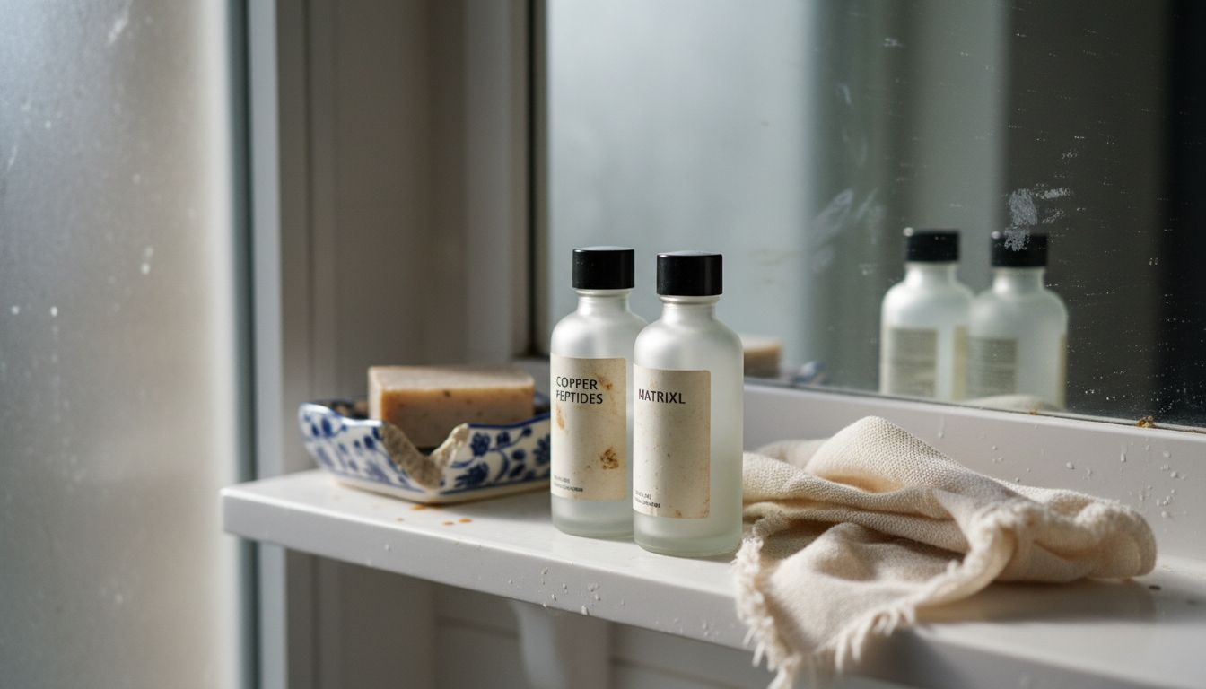 Close-up skincare bottles labeled with peptides