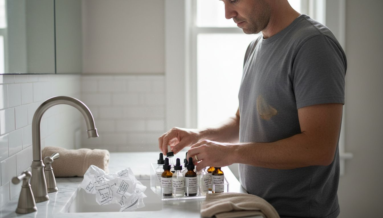 Man organizing peptide skincare products