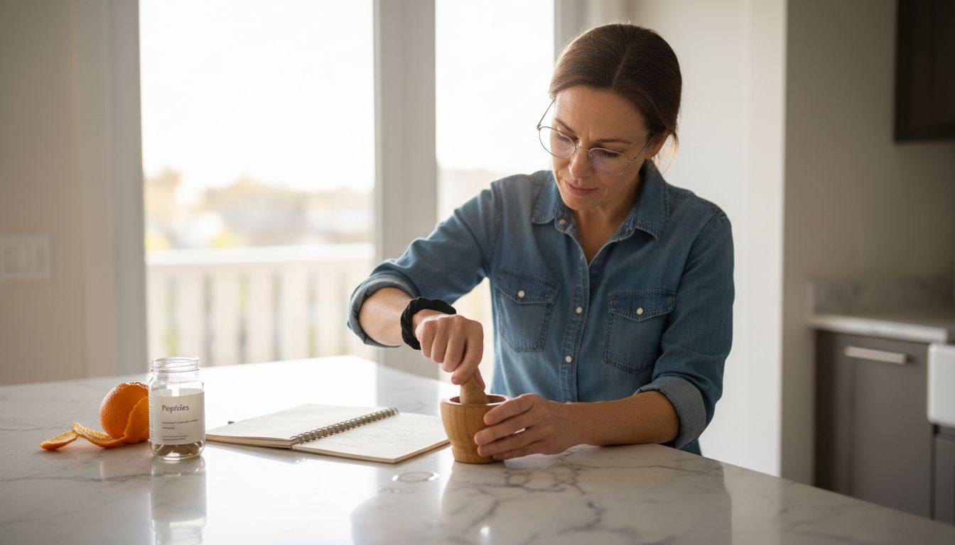 Nutritionist preparing peptide supplements at kitchen