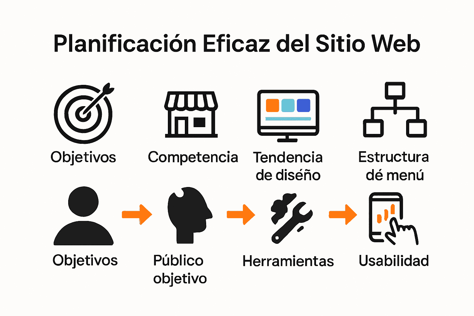Proceso de planificación web para empresas con iconos clave.