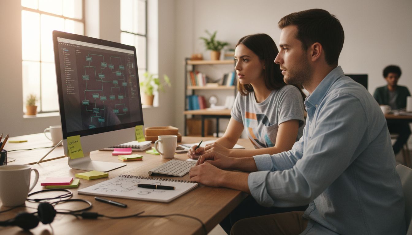 Designer and developer reviewing workflow on monitor