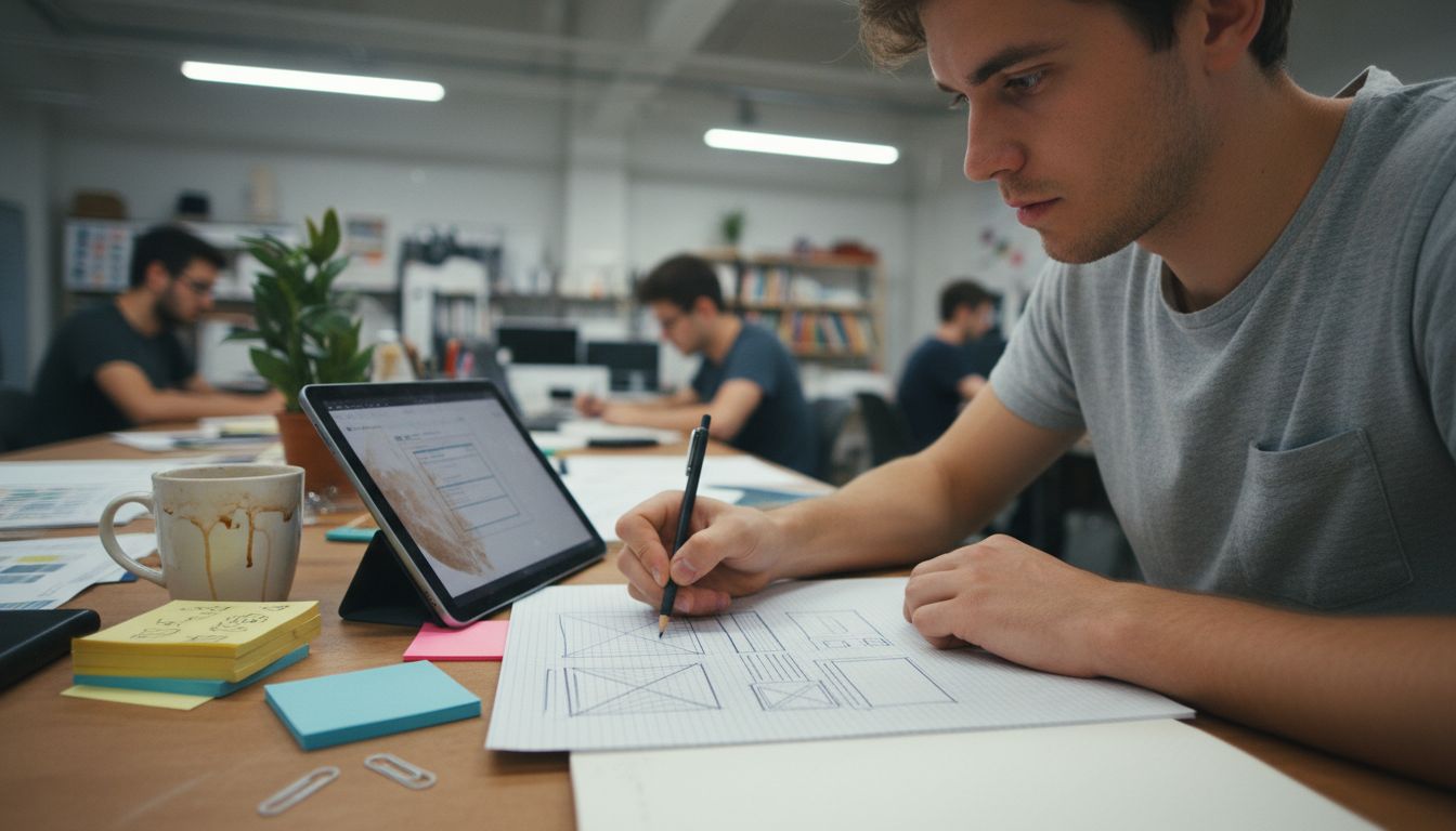 Designer sketching website wireframe at desk
