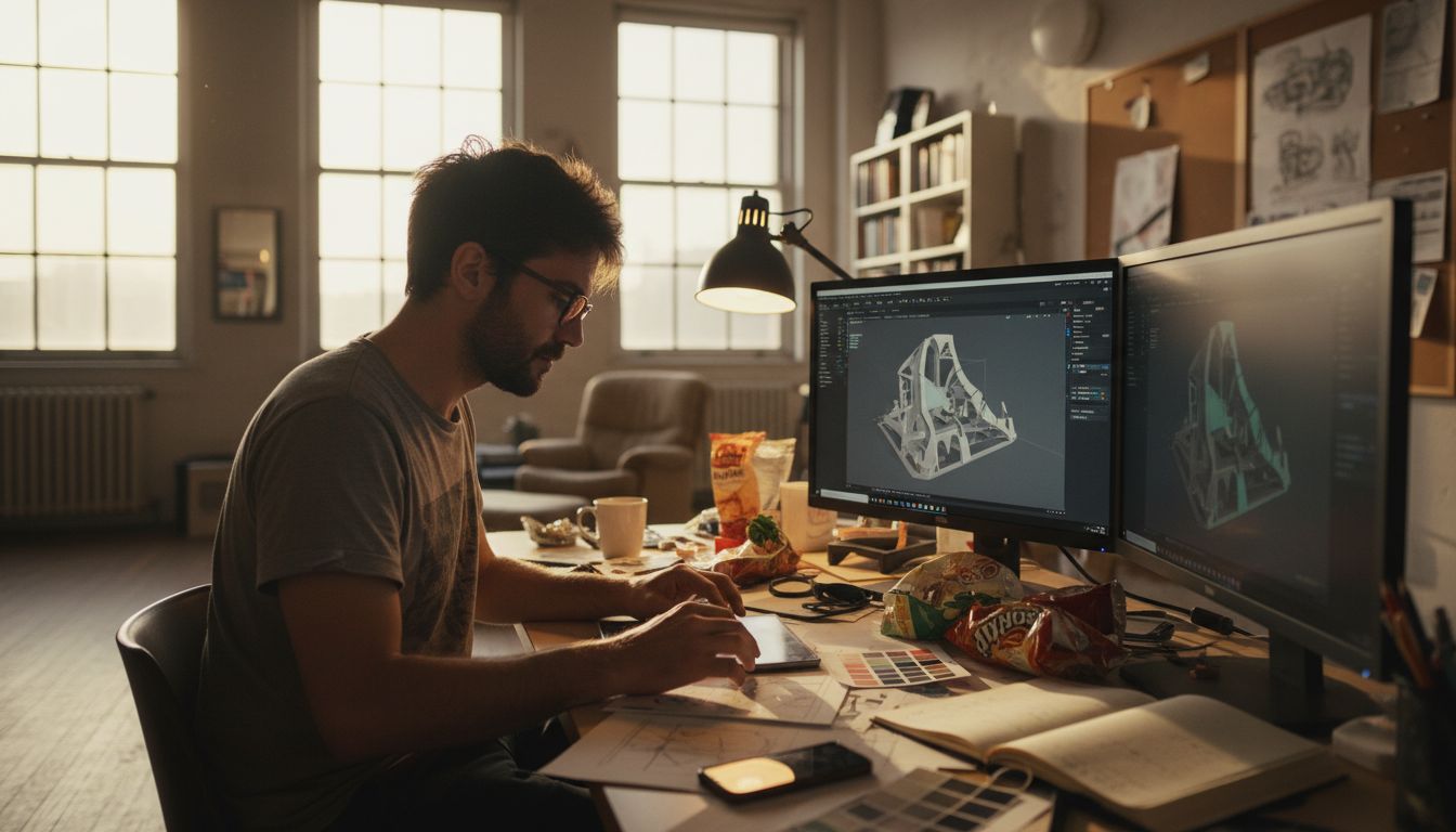 Diseñador concentrado trabajando entre montones de papeles y materiales en un escritorio lleno de creatividad.