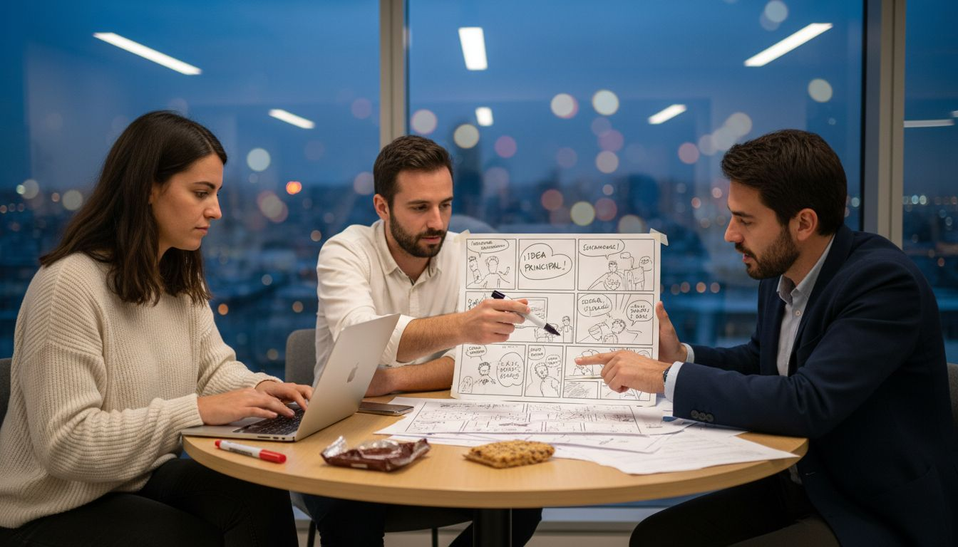 Sesión creativa en equipo para desarrollar el guion gráfico de la campaña