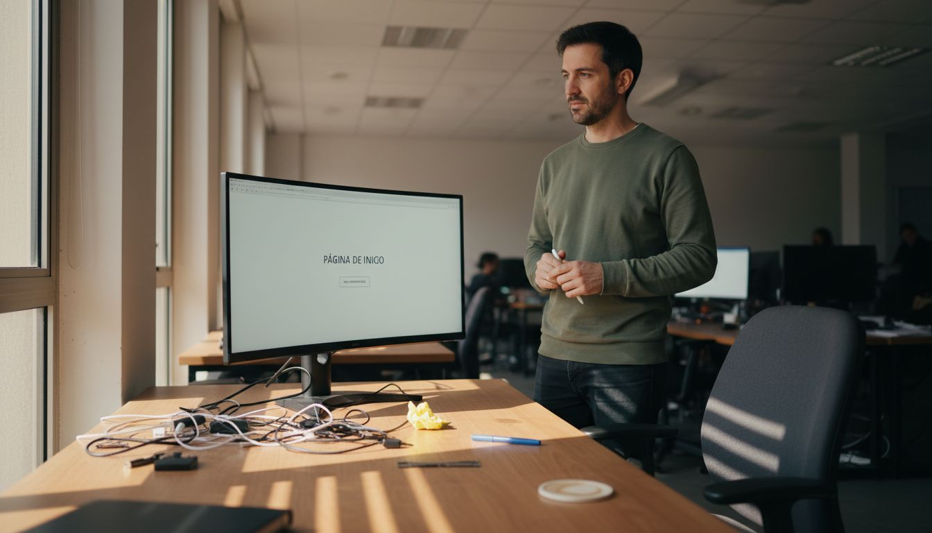 Diseñador web retocando una landing page de estilo minimalista