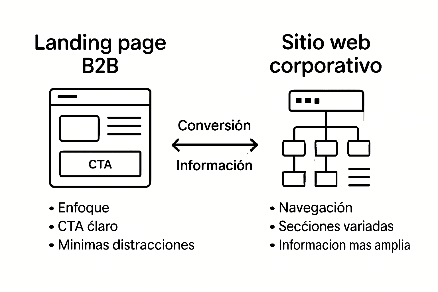 Infografía: diferencias clave entre una landing page y una página web corporativa