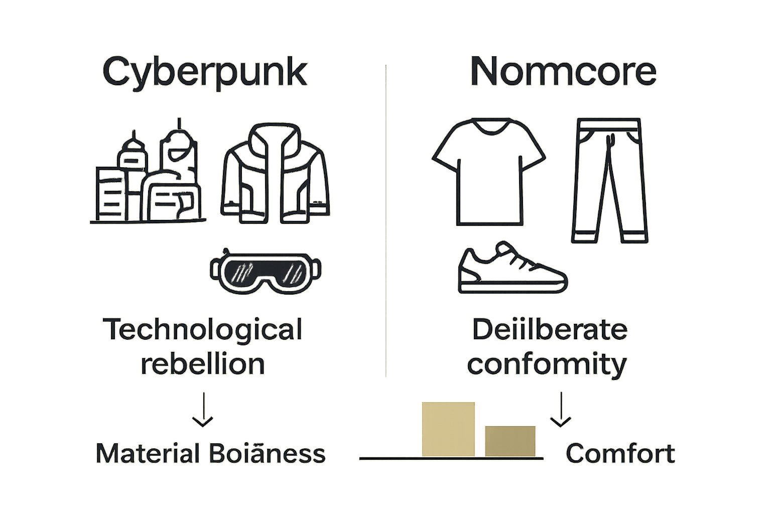 Infographic comparing cyberpunk and normcore core attributes.