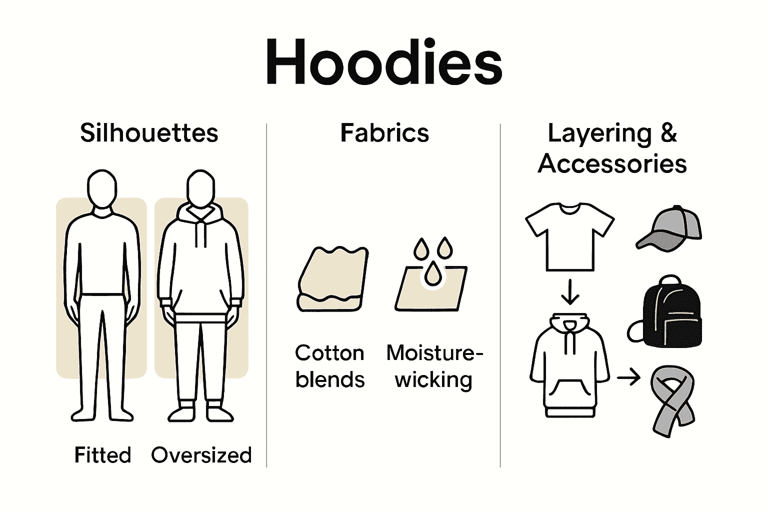 Infographic comparing hoodie fits, fabrics, and layering techniques for women.