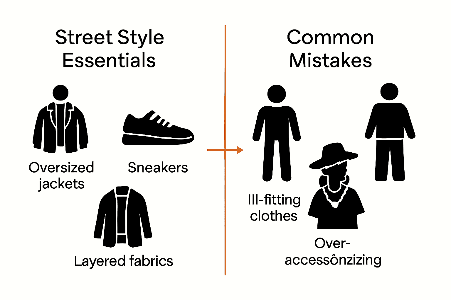Infographic comparing men's street style essentials to common mistakes