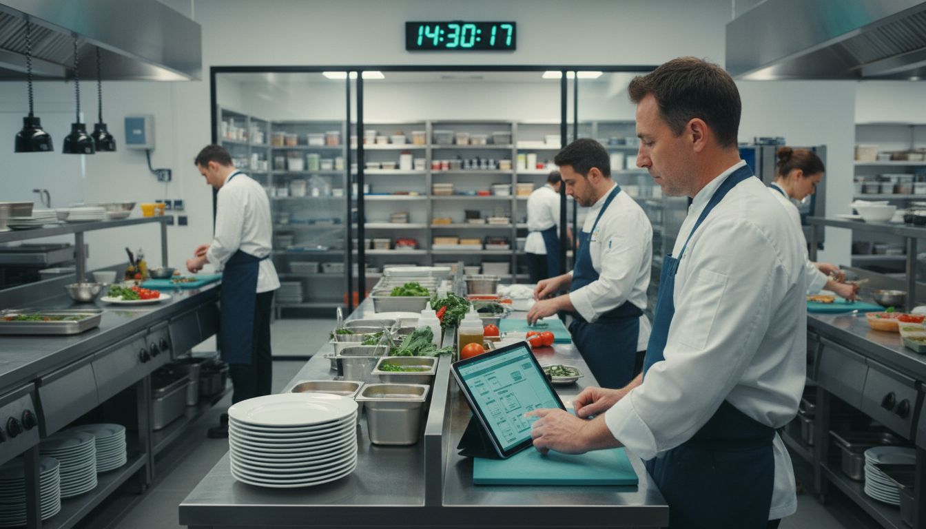 Moderne Catering-Küche mit Planungsteam