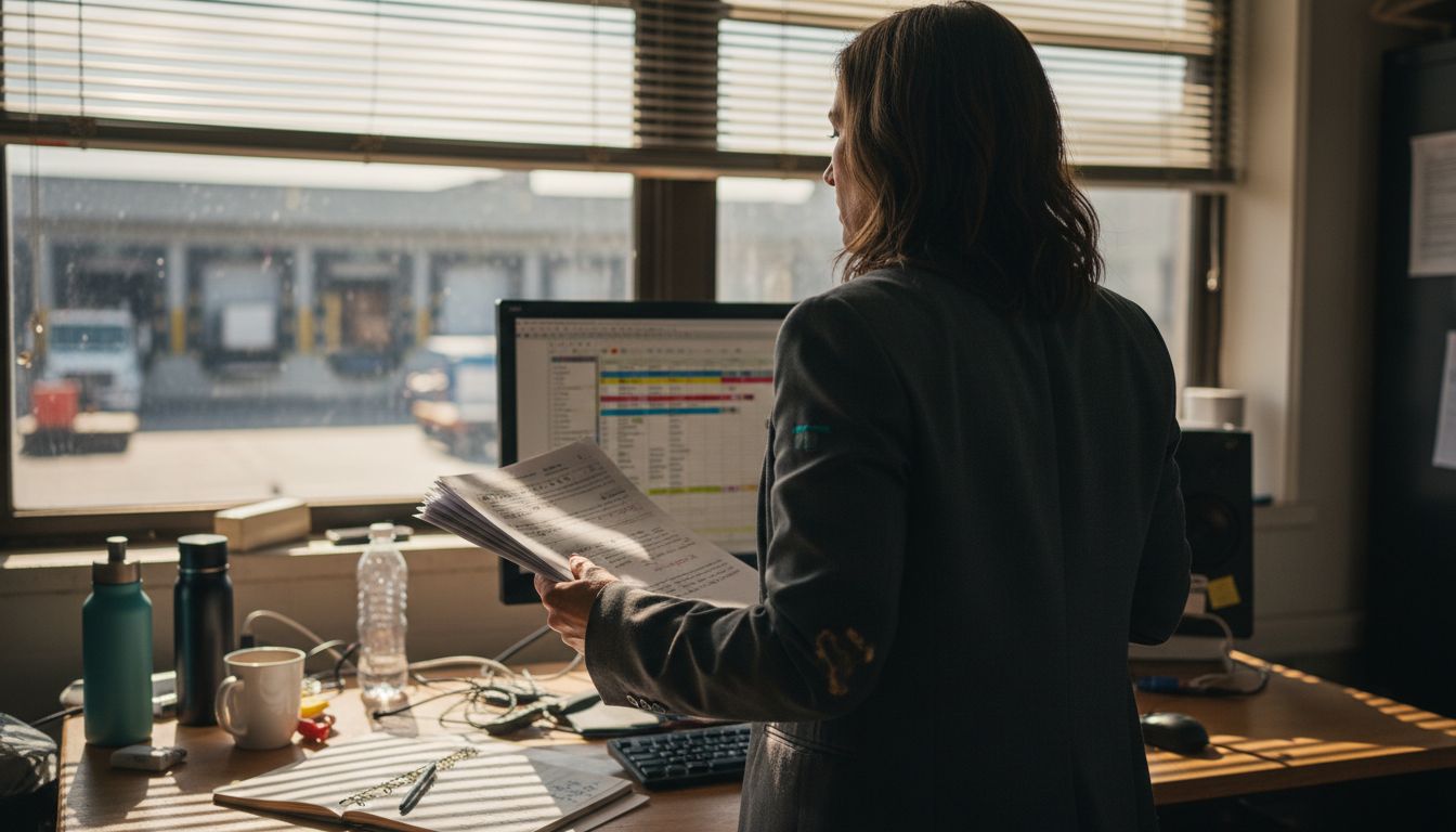 Venue manager checks event schedule on monitor