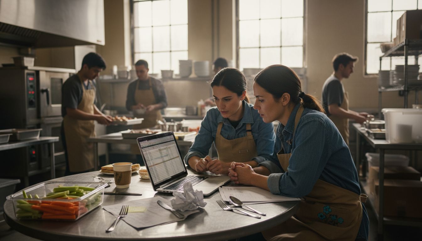 Catering team planning with laptop in kitchen