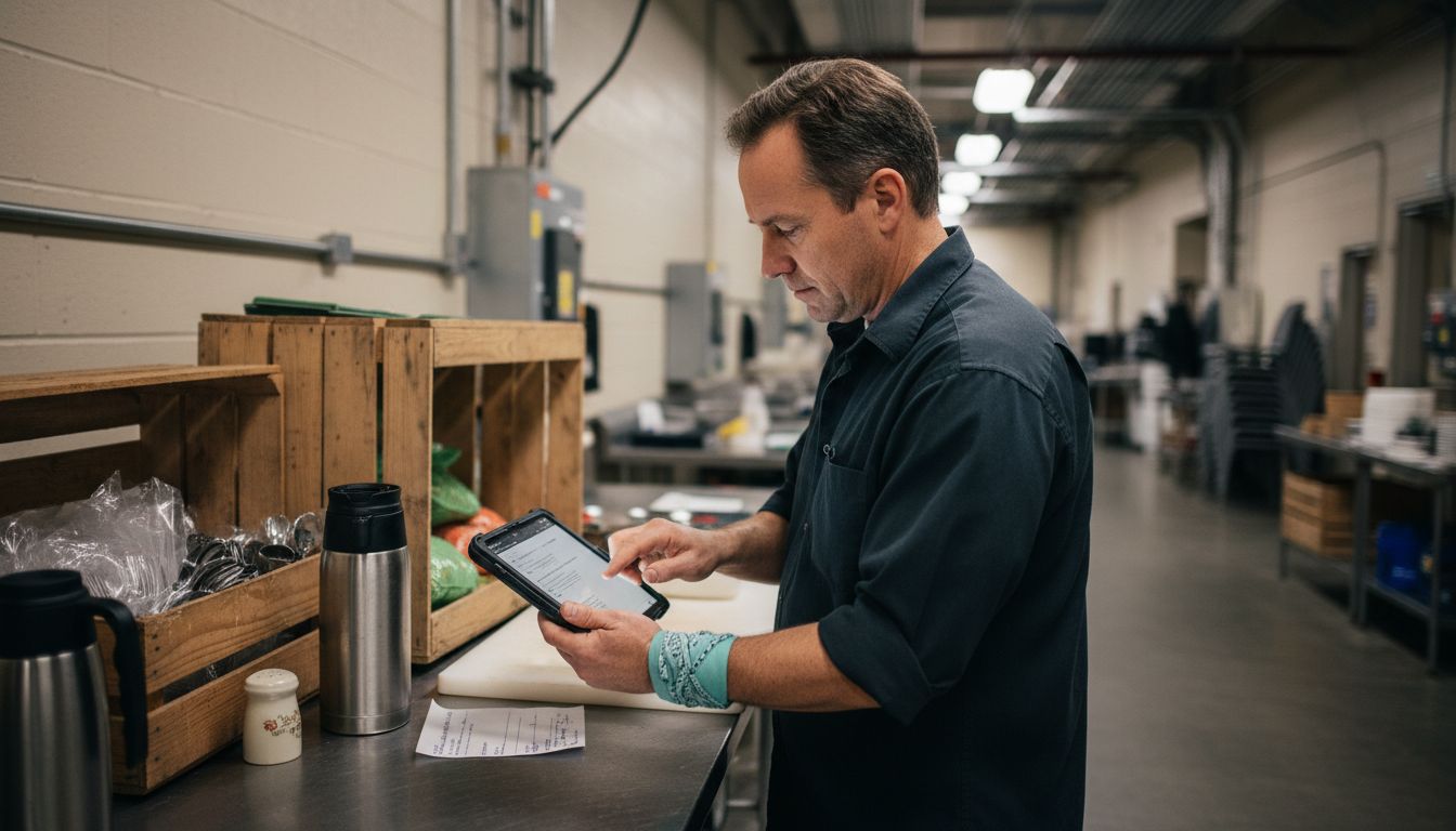 Event caterer managing workflow on tablet