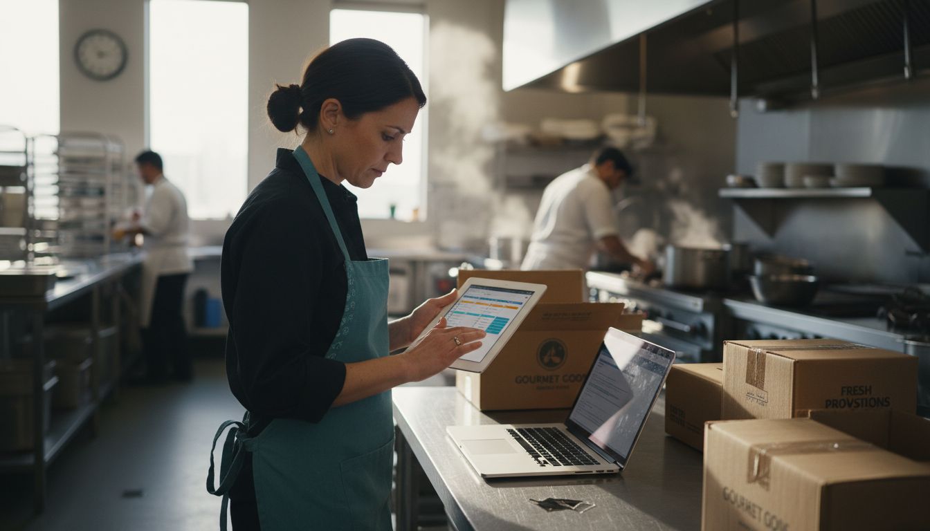 Catering manager reviews digital kitchen schedule