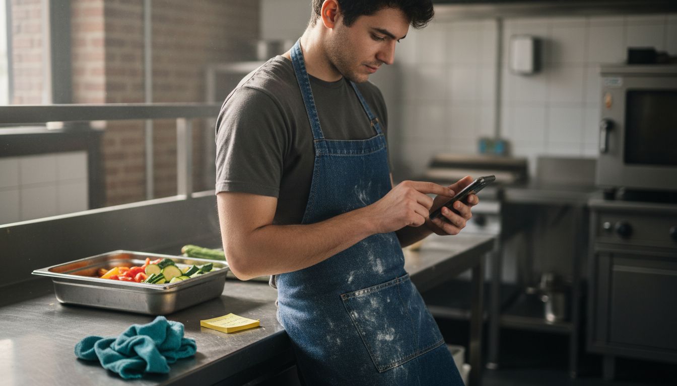Catering worker consulting phone for orders