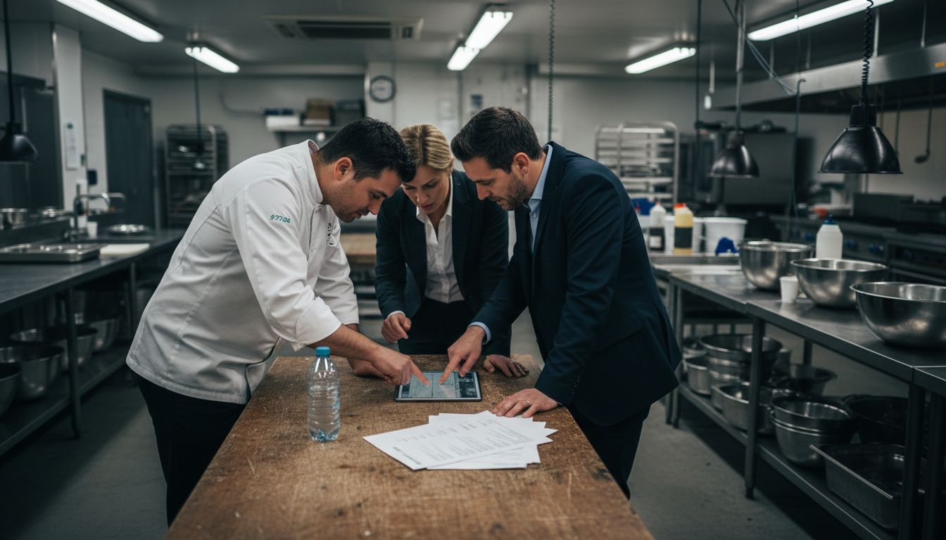 Catering managers discussing on digital tablet