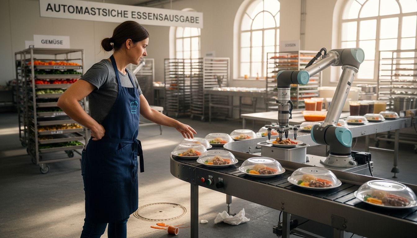 Der Leiter der Gemeinschaftsverpflegung überwacht die automatisierte Tablettstraße.