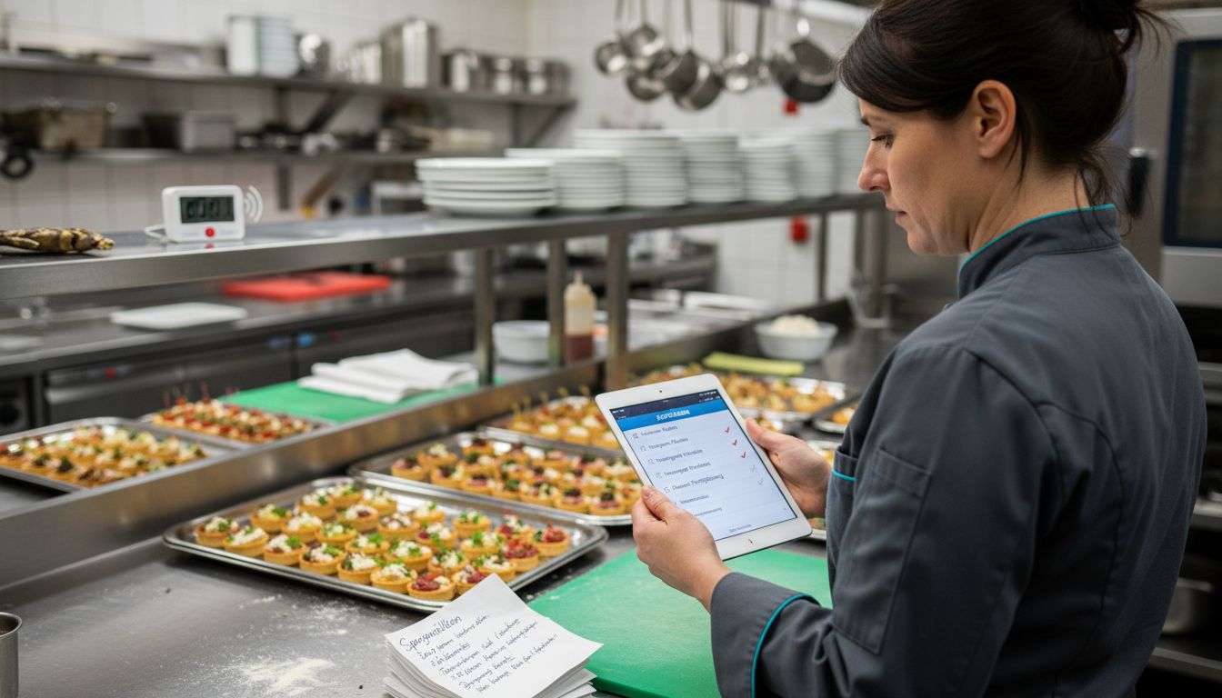 Ein Caterer plant die Veranstaltung digital am Tablet.