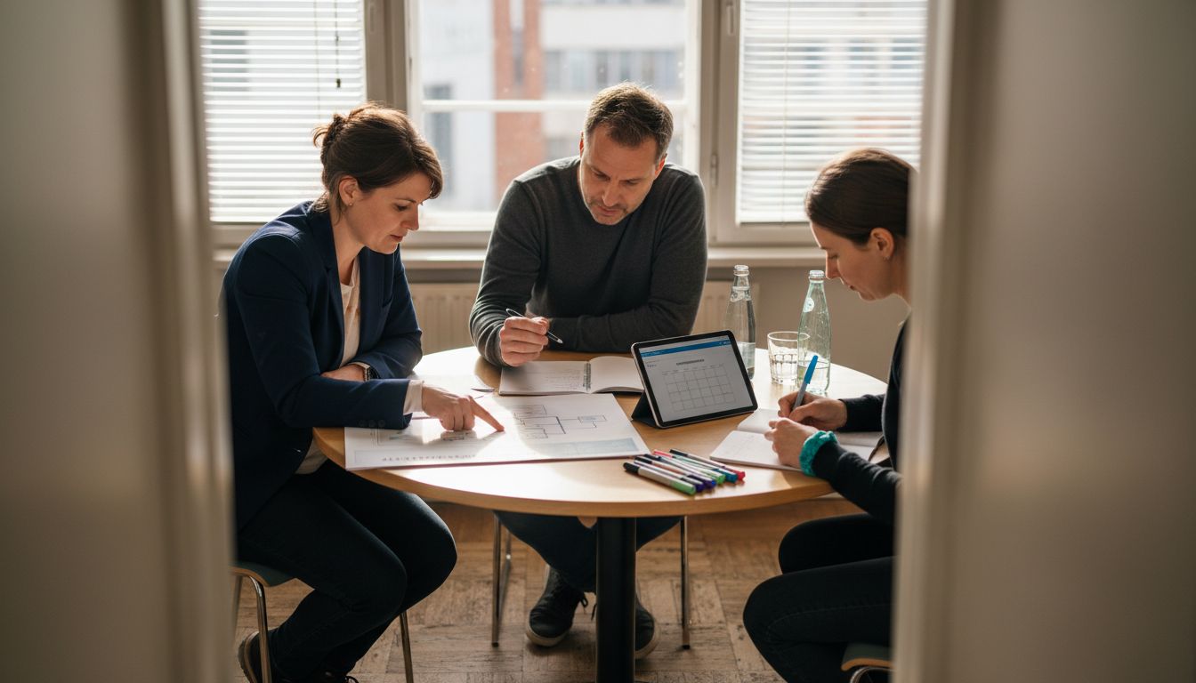 Ein Team sitzt gemeinsam am Tisch und bespricht Vorschläge für eine kommende Veranstaltung.