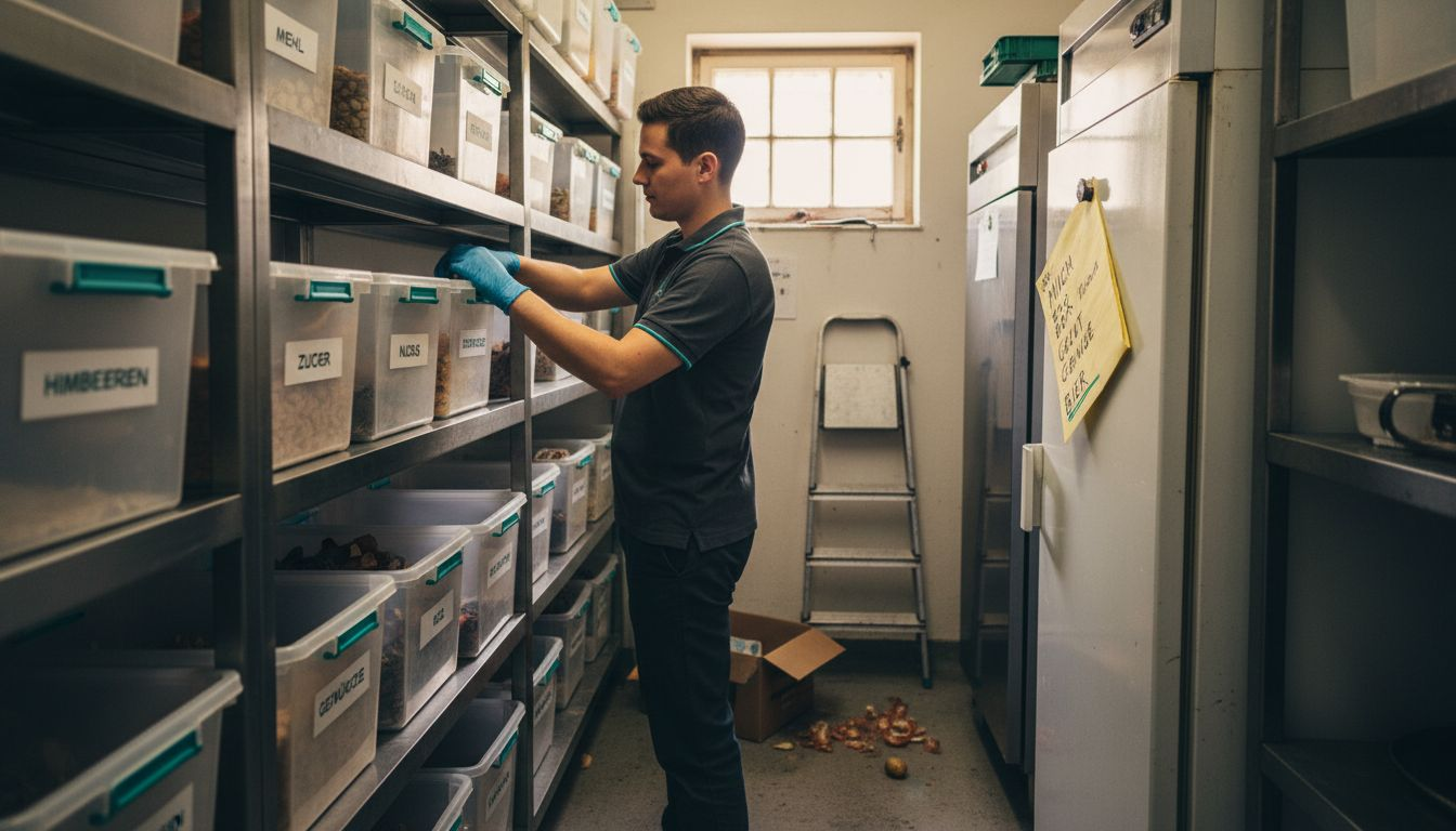 Mitarbeiter sortieren und ordnen die Aufbewahrungsboxen im Küchenlager.