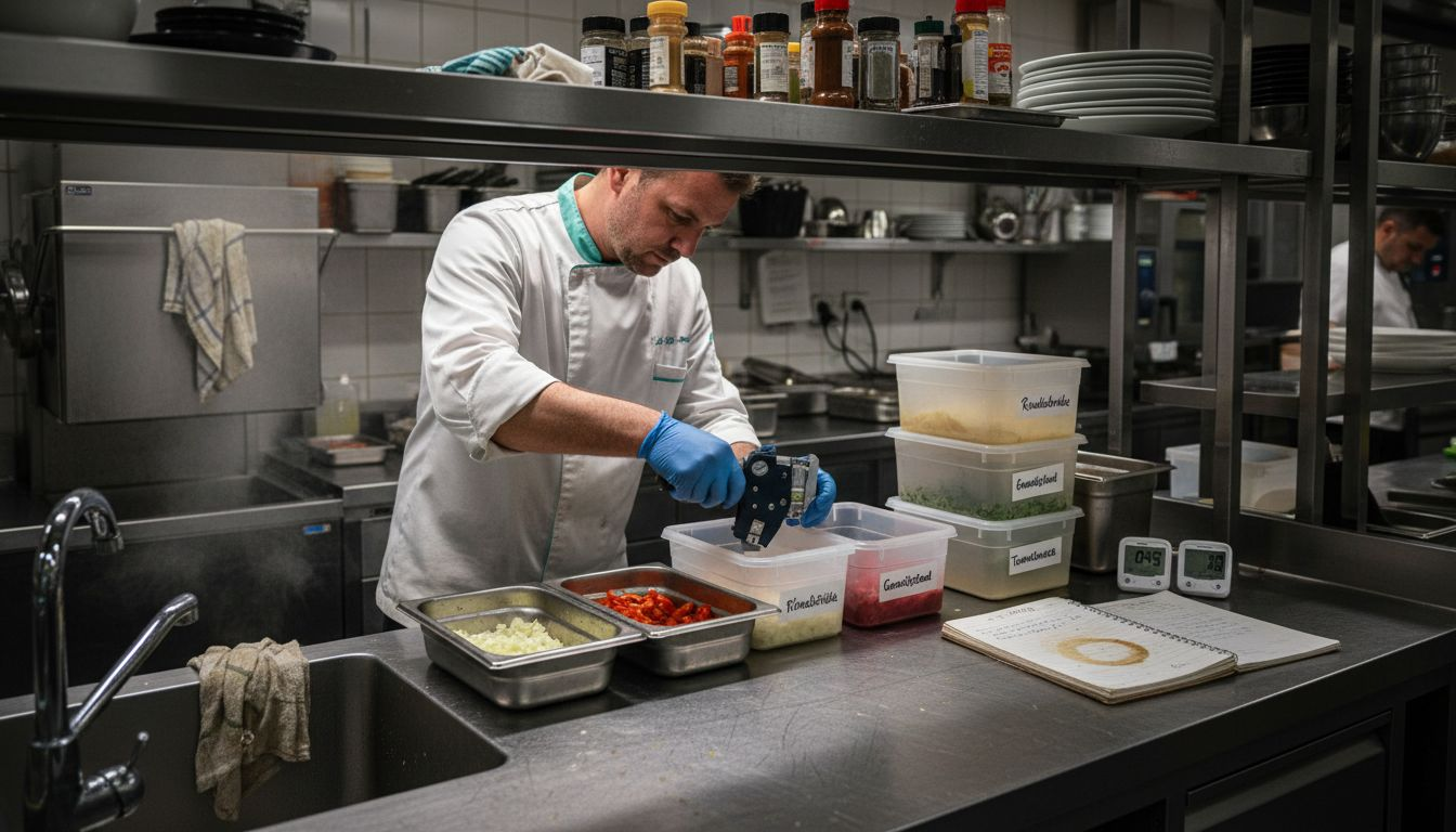 Der Souschef beschriftet die Zutaten, damit in der Küche alles reibungslos abläuft.