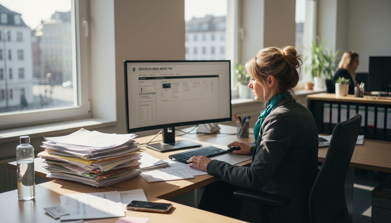Ein Eventmanager sitzt in seinem modernen Eckbüro und organisiert Veranstaltungen mithilfe einer professionellen Planungssoftware.