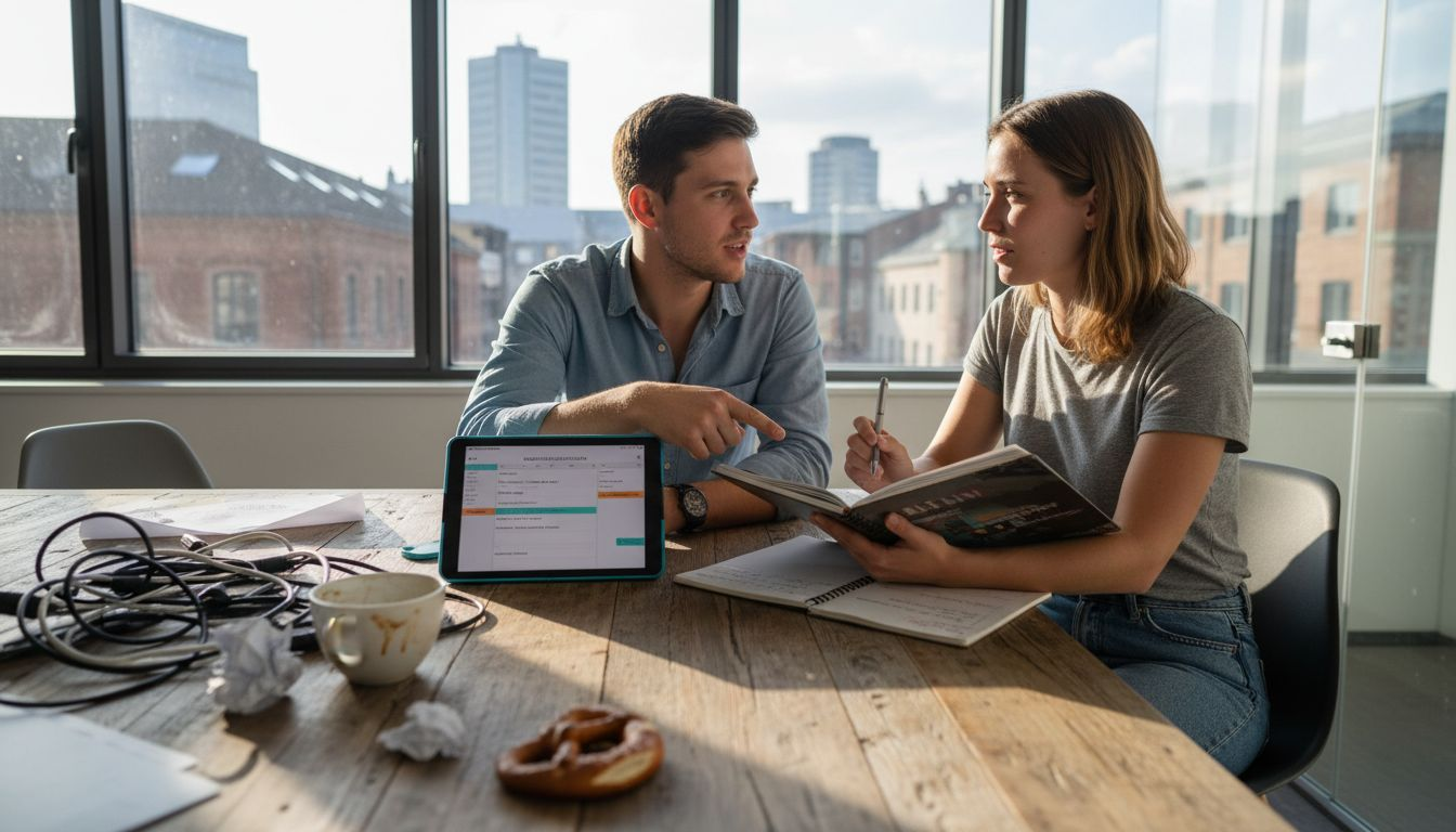 Koordinatoren tauschen sich an einem chaotischen Arbeitsplatz aus.