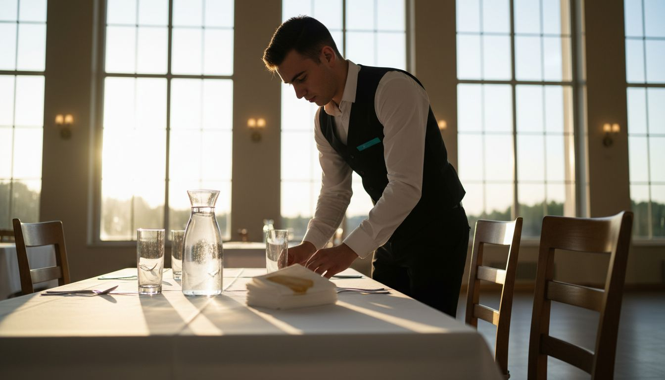 Ein Service-Mitarbeiter richtet das Buffet für die Veranstaltung an.