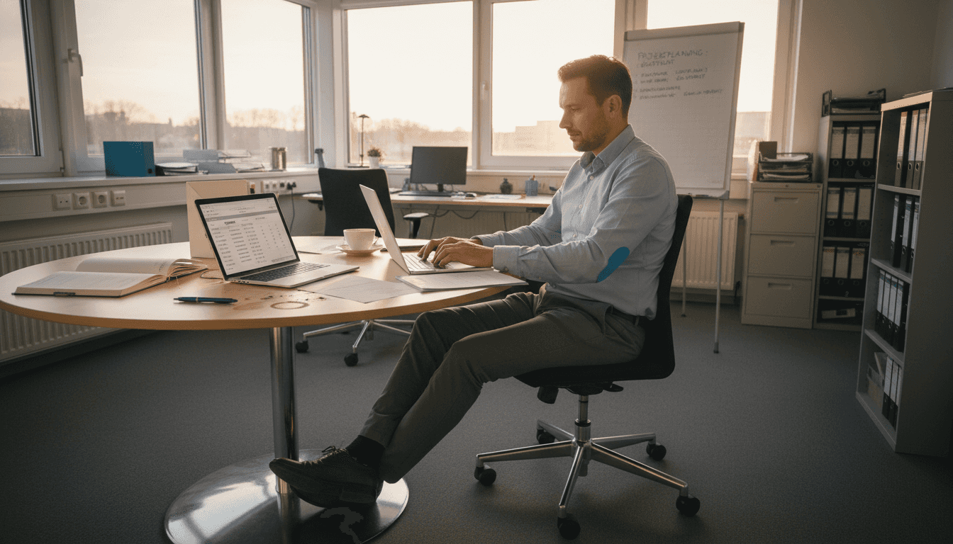 Eine Eventmanagerin erstellt im Büro ein individuelles Catering-Angebot für eine bevorstehende Veranstaltung.