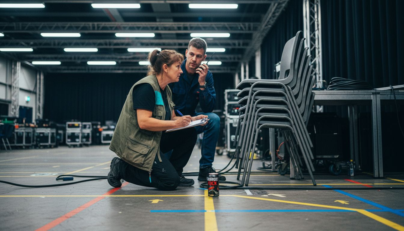 Das Bühnenpersonal sorgt hinter den Kulissen für einen reibungslosen Ablauf beim Aufbau und der Organisation der Veranstaltung.