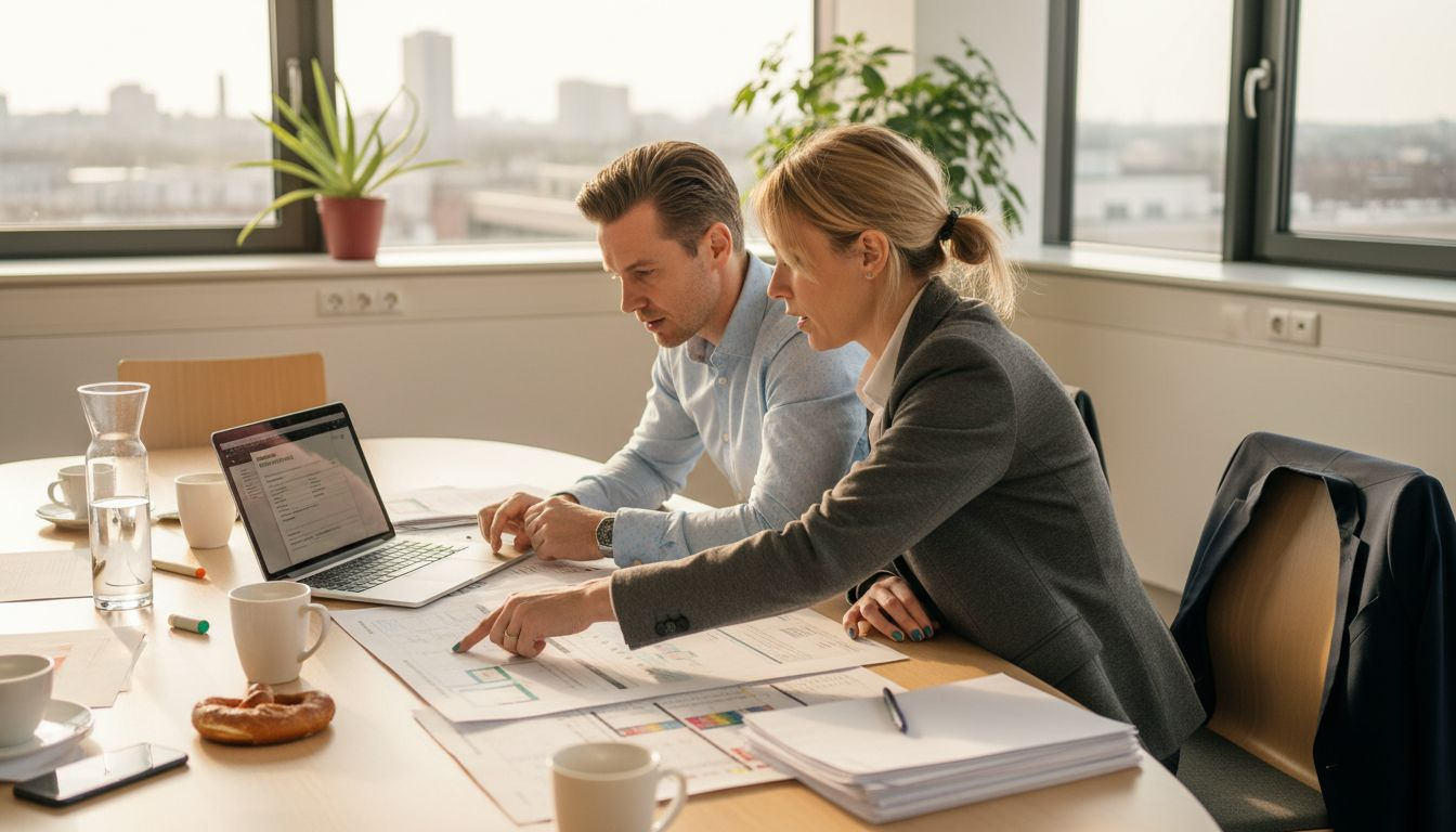 Veranstaltungsorganisatoren sitzen gemeinsam am Konferenztisch und stimmen die Zeitpläne für das Event ab.