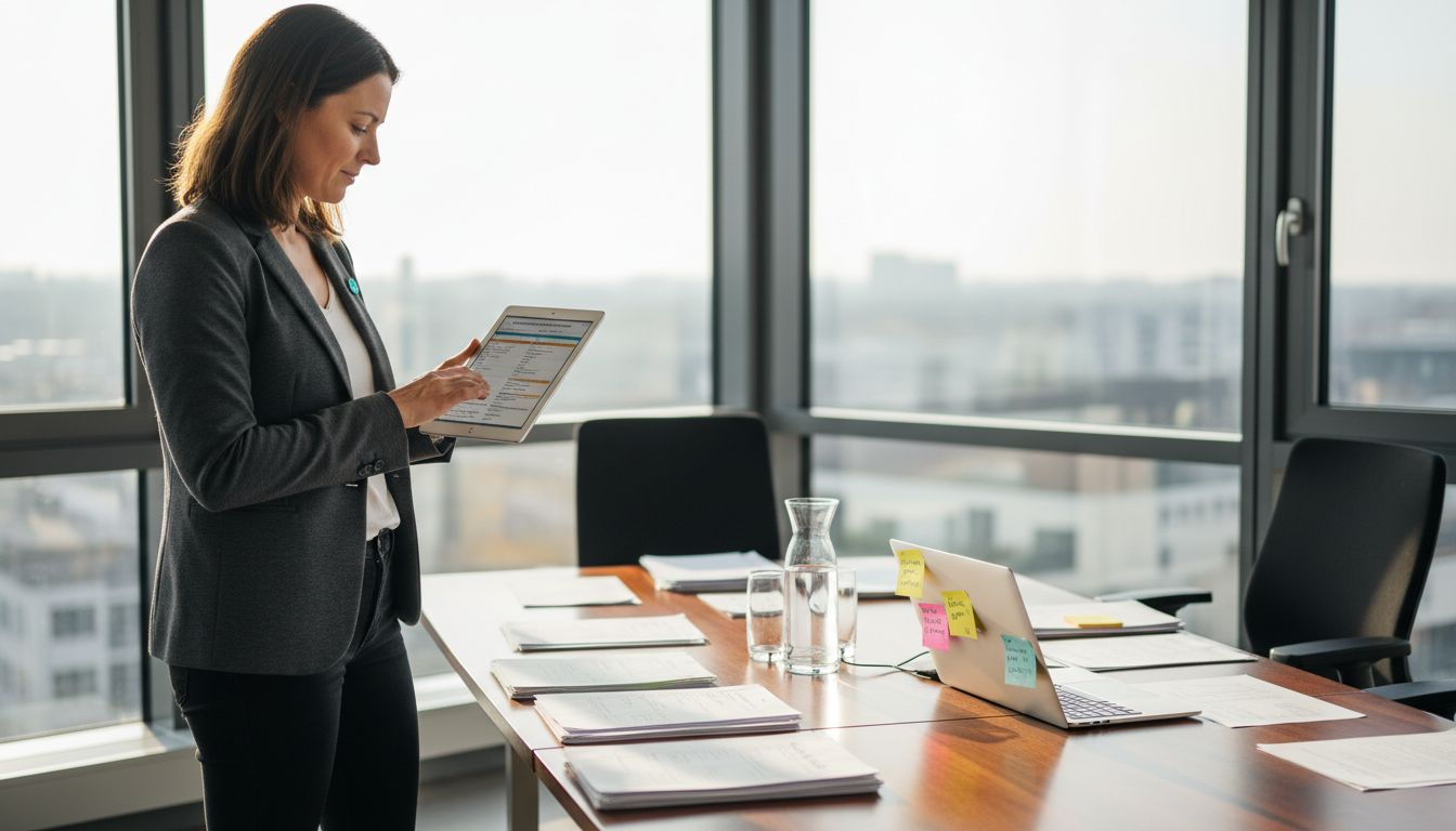 Eventmanagerin arbeitet mit einem Tablet im lichtdurchfluteten Büro.