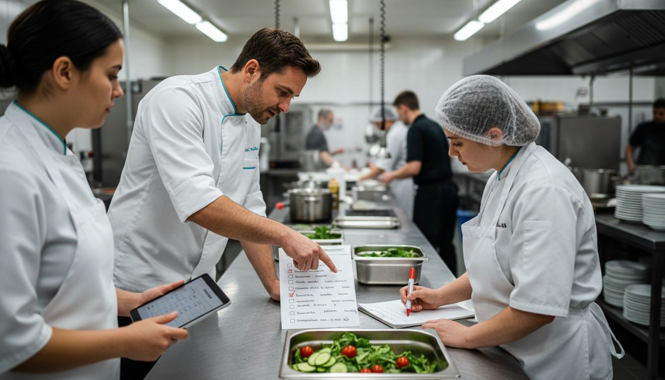 Das Catering-Team überprüft gemeinsam die Checkliste in der Küche, um sicherzustellen, dass alles für den Service vorbereitet ist.