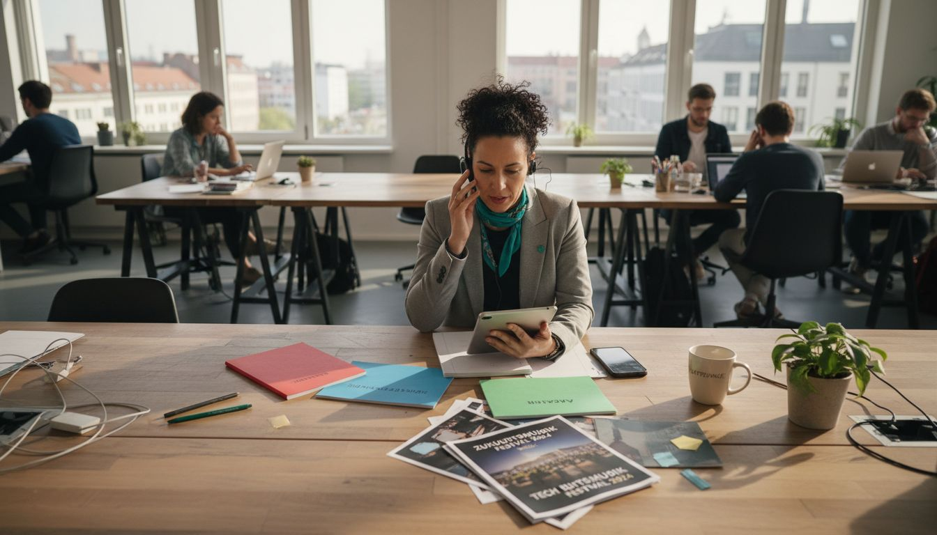 Ein Eventmanager jongliert am vollbesetzten Coworking-Schreibtisch mit mehreren Aufgaben gleichzeitig.