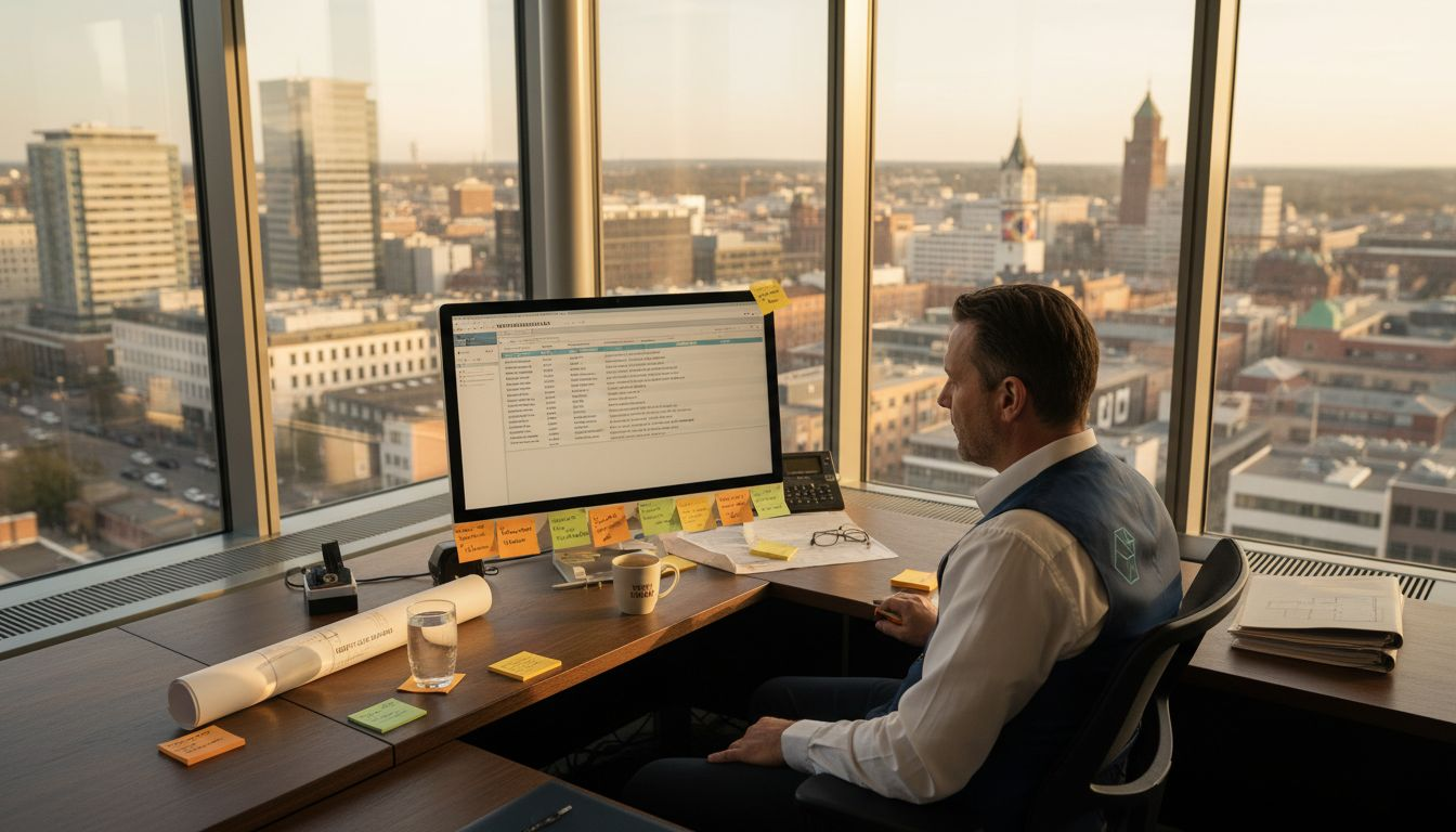 Die Catering-Leitung prüft die digitalen Arbeitsabläufe im Büro.