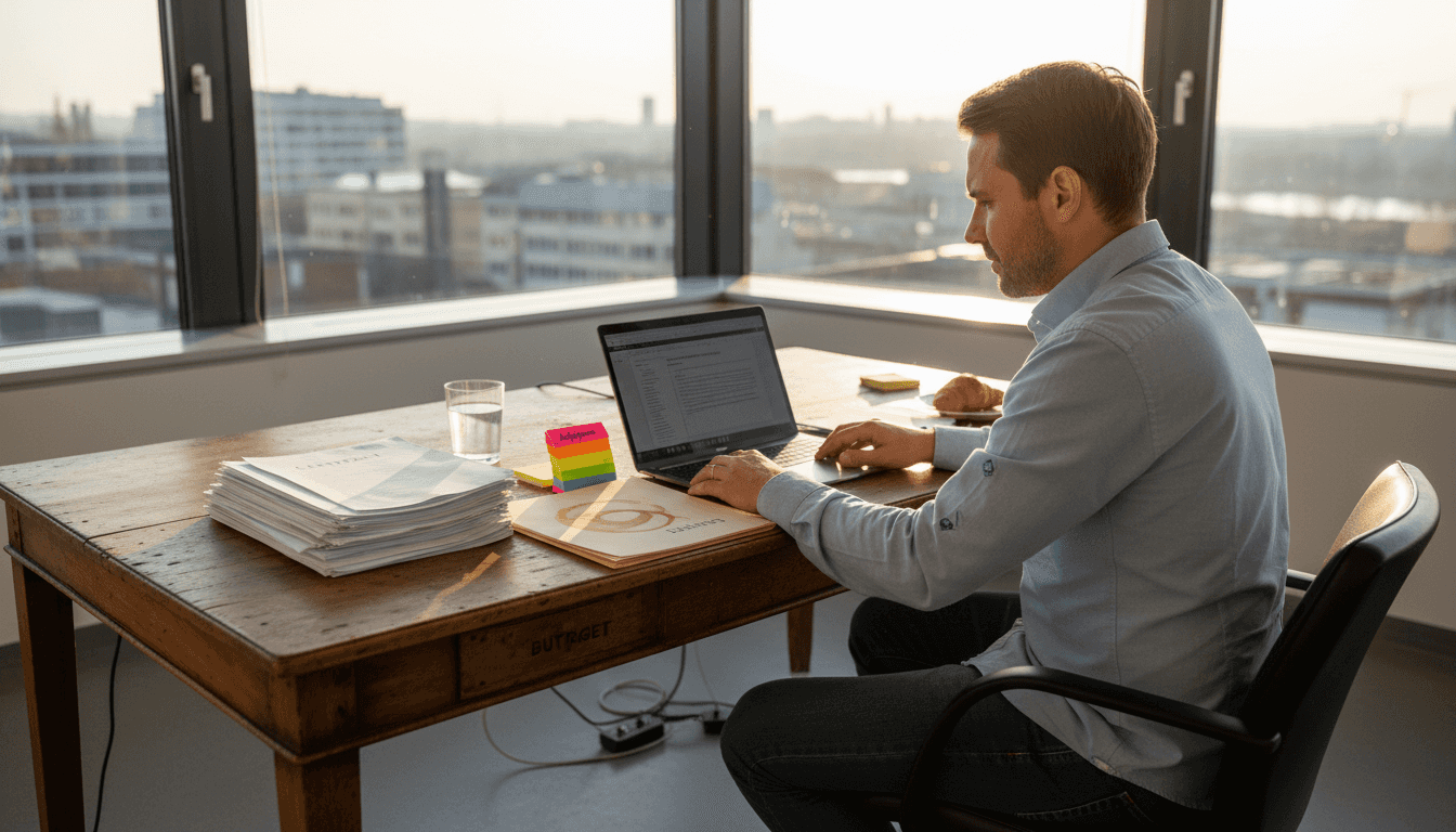 Im Eckbüro prüft die Veranstaltungsmanagerin den Ablaufplan für das kommende Event.