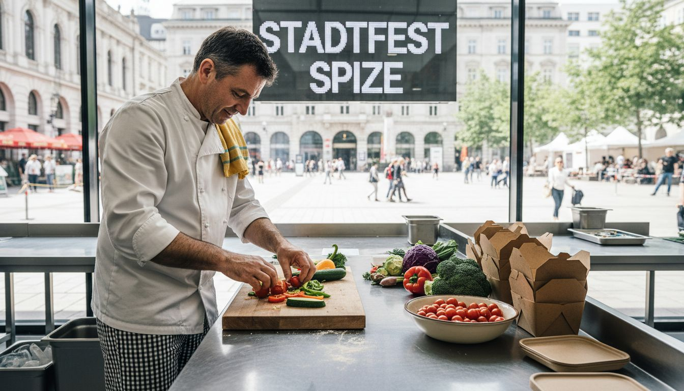 Ein Koch bereitet frisches Gemüse in der Eventküche zu.