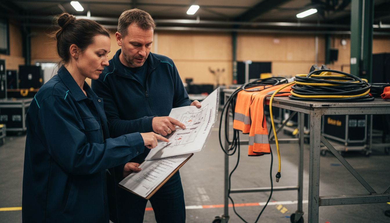 Das Veranstaltungsteam prüft die Sicherheitsvorkehrungen hinter den Kulissen.
