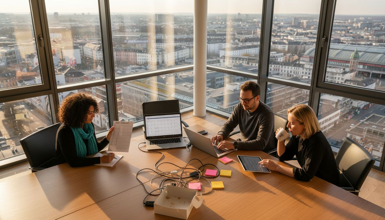 Veranstaltungsplaner gehen in ihrem Büro alle Punkte auf ihrer Checkliste durch.