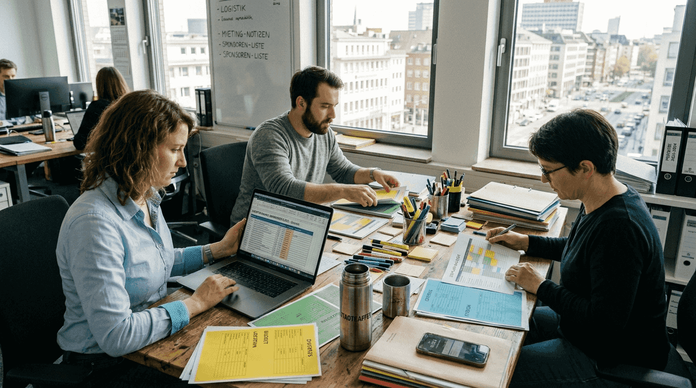Veranstaltungsplaner besprechen im Büro gemeinsam die Terminübersicht.