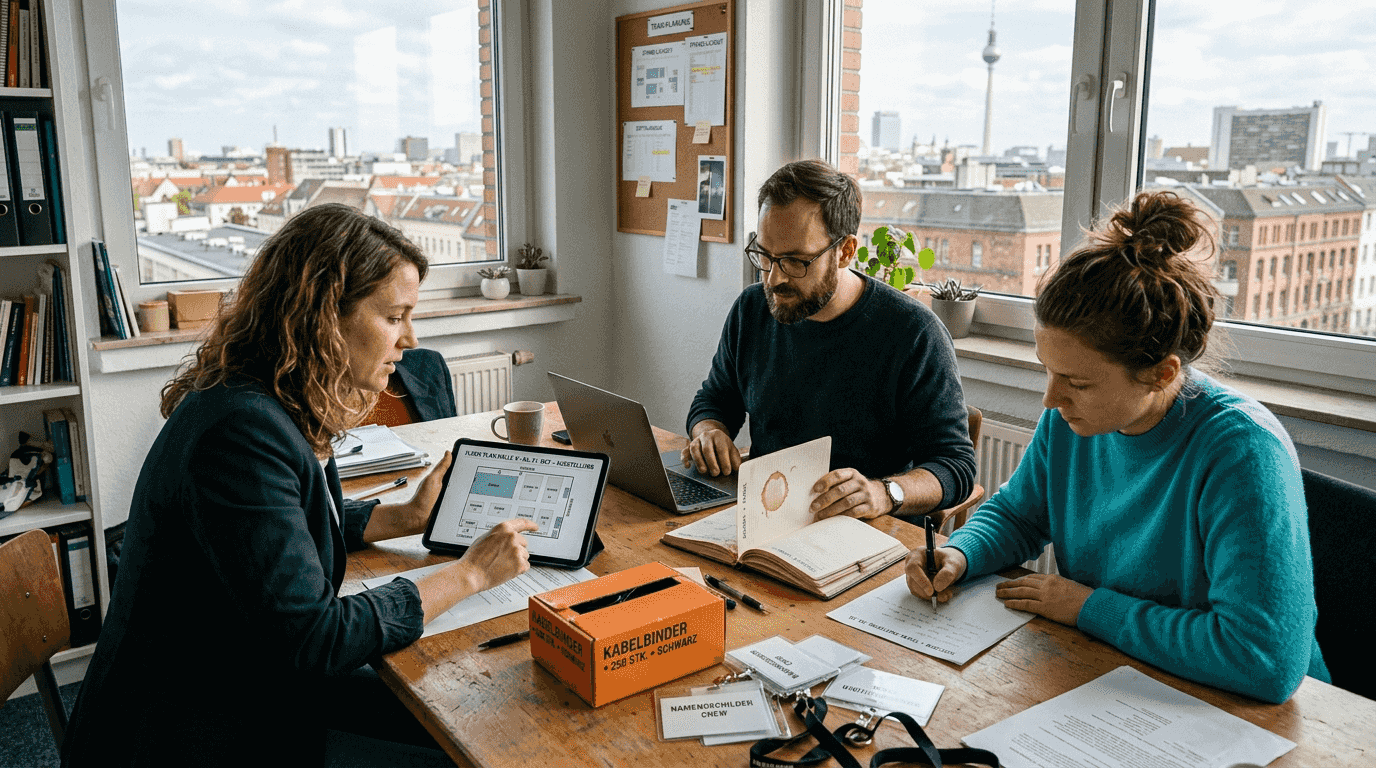 Das Team bespricht die Planung für die bevorstehende Veranstaltung gemeinsam im Büro.