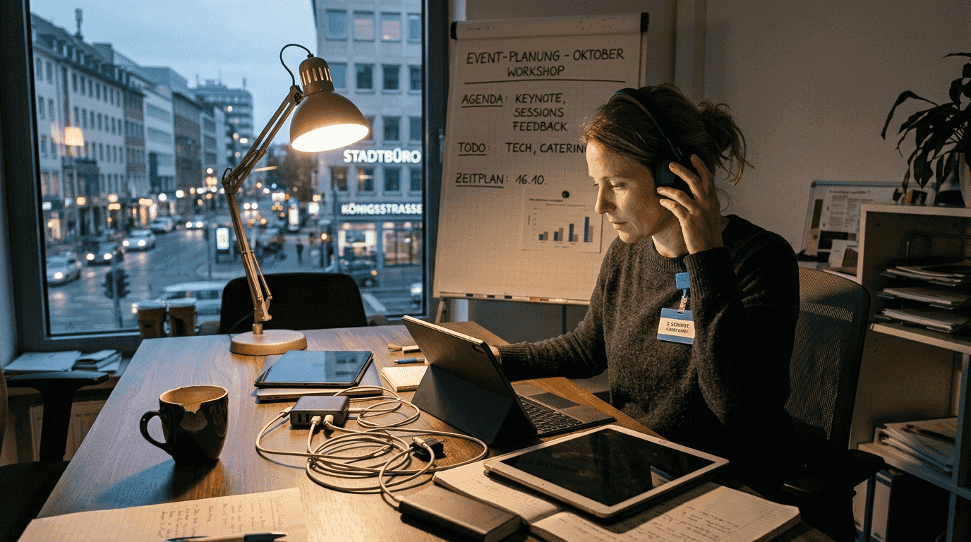Eine Frau bereitet die technische Ausstattung für den Veranstaltungsaufbau vor.