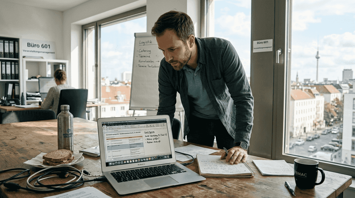 Ein Eventmanager bespricht die Veranstaltungsplanung gemeinsam mit seinem Team am Konferenztisch.
