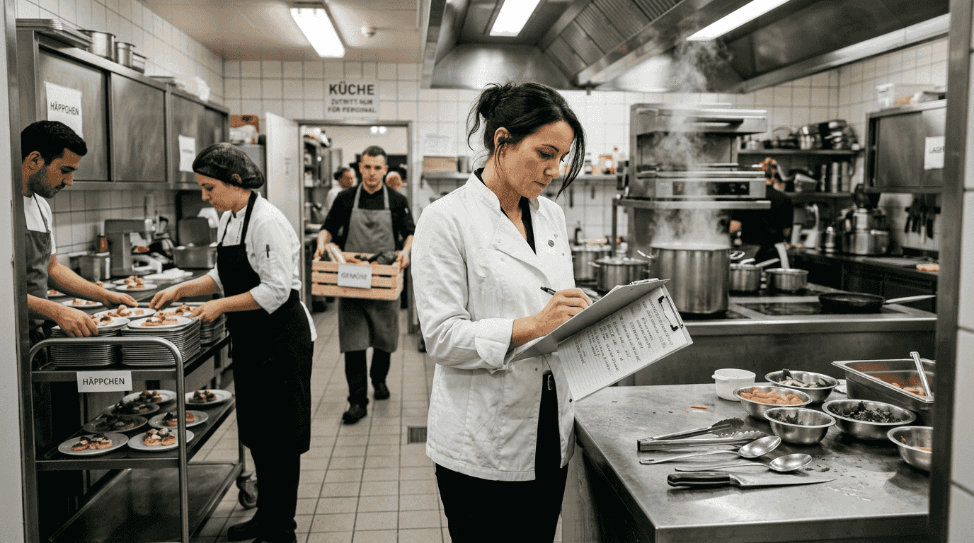 Der Küchenleiter wirft einen Blick auf den Dienstplan.