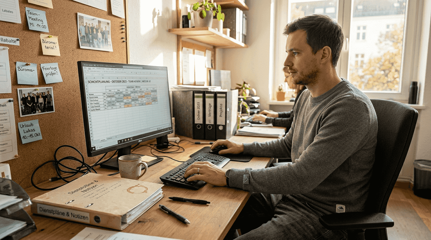 Ein Abteilungsleiter plant die Dienstschichten seines Teams bequem mit einer digitalen Software.