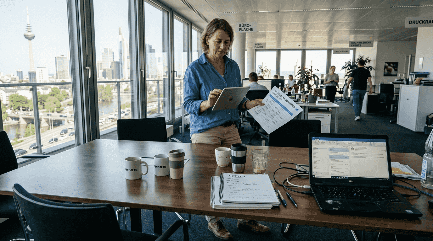 Eine Eventmanagerin koordiniert gemeinsam mit ihrem Team die Einsatzpläne im Büro.
