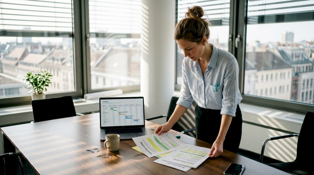 Eine Eventmanagerin prüft im Büro ein neues Veranstaltungskonzept.