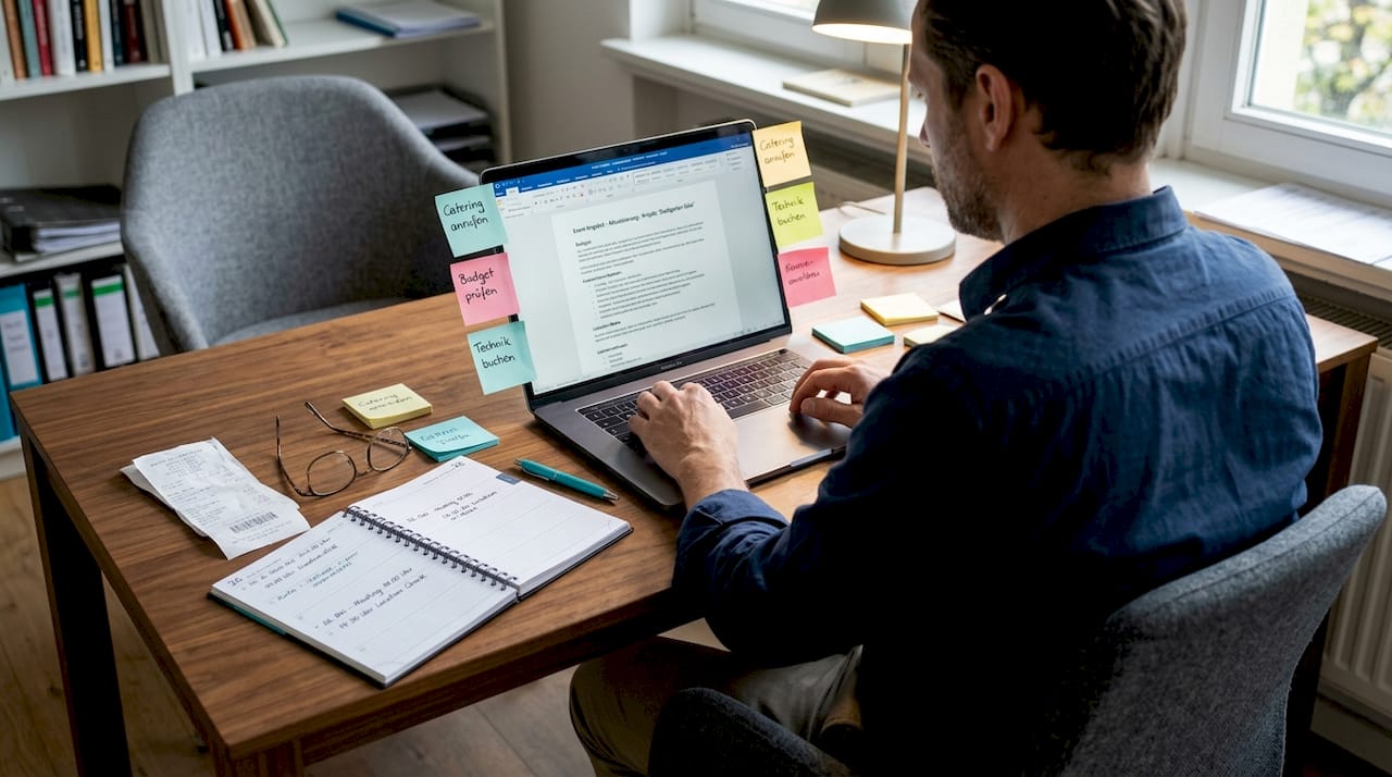 Am vollgepackten Schreibtisch überarbeitet die Koordinatorin ein Angebot.