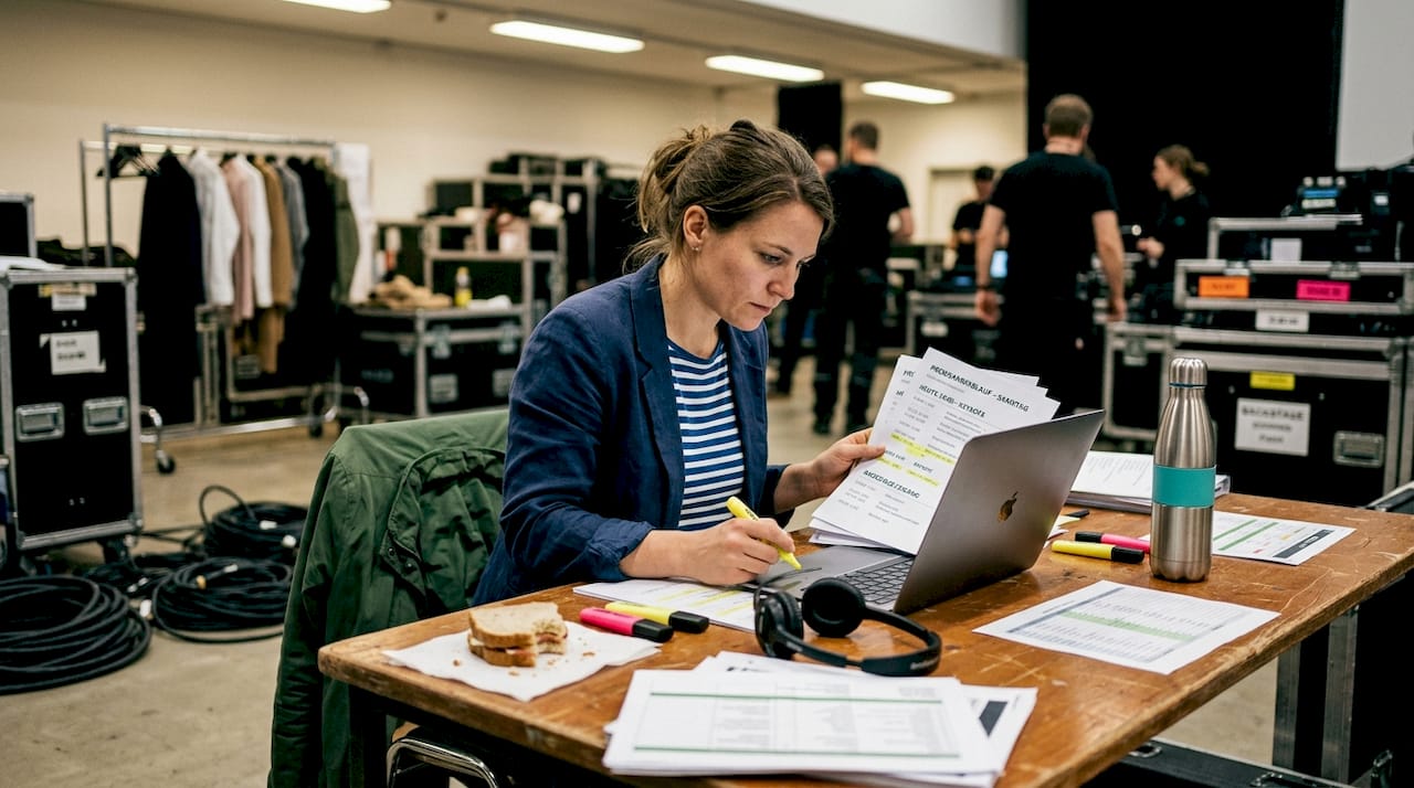 Ein Eventmanager versucht, inmitten eines chaotischen Schreibtischs seine Veranstaltung zu organisieren.