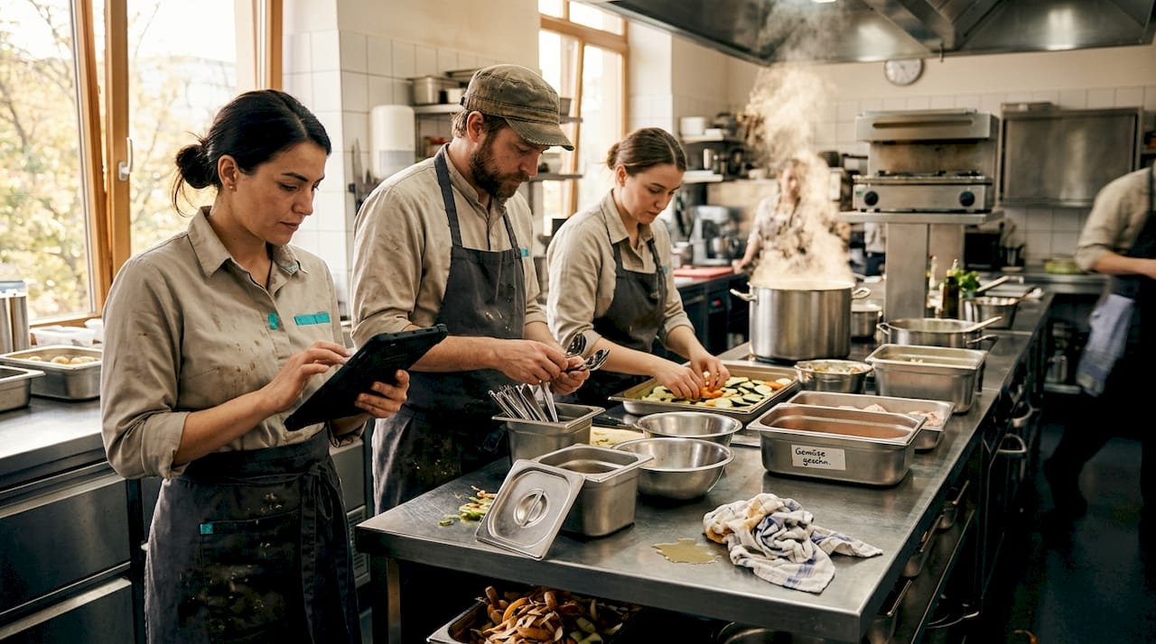 Das Catering-Team bereitet in der Küche alles für den bevorstehenden Service vor.